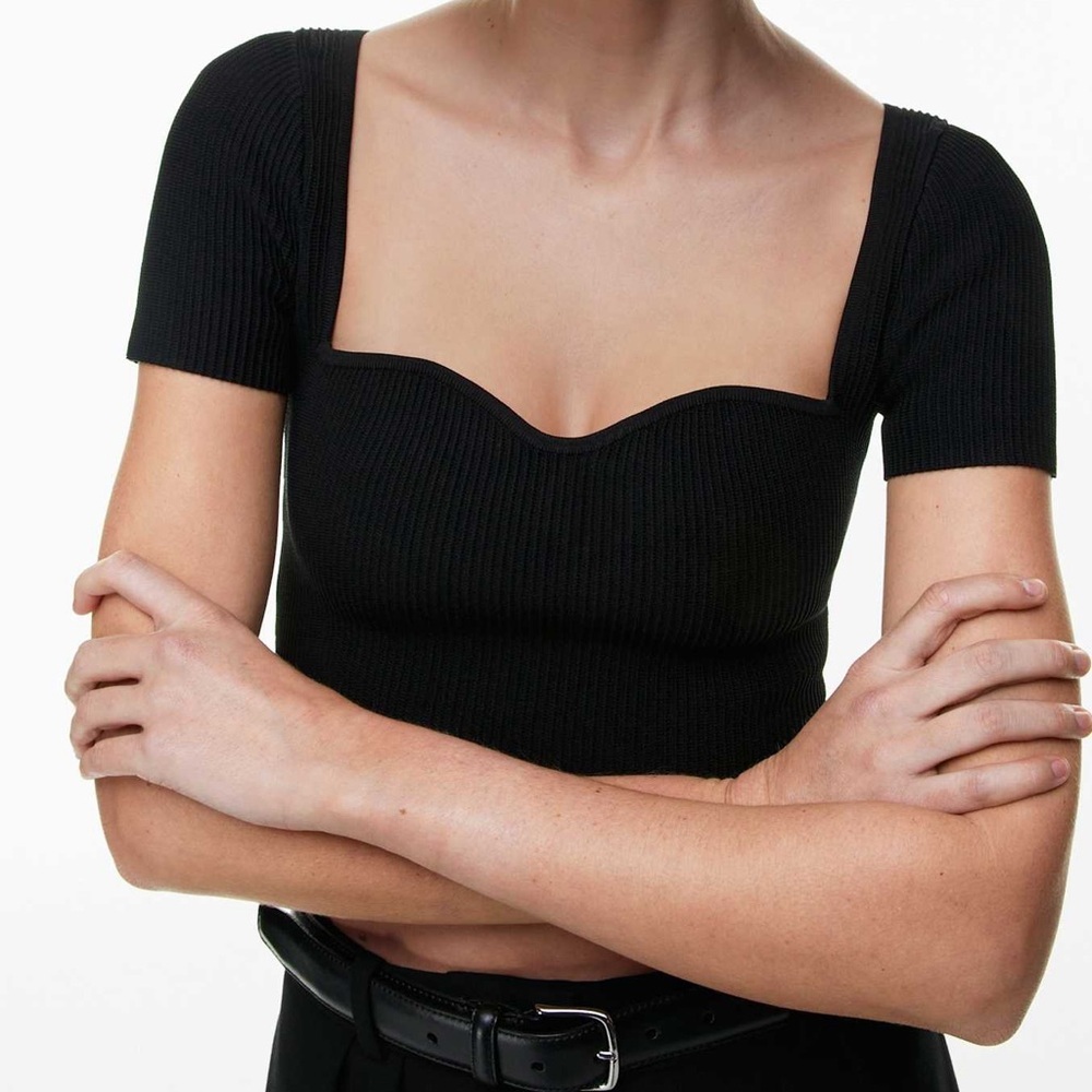 BABATON Aritzia Sculpt Knit Prado Top Cropped Knit Shortsleeve Sweetheart Top M - Picture 2 of 11